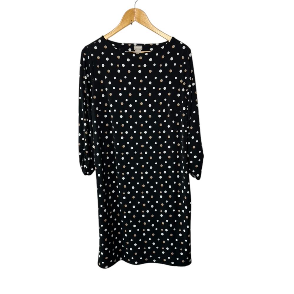 Chicos Black & White Polka Dot Shift Dress with Ruched Sleeves Medium 8/10